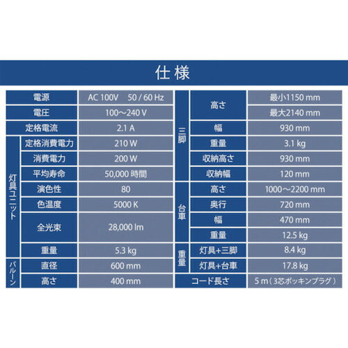 ＫＡＺ 輝夜２１０Ｗ ＬＥＤ全光バルーンライト 小型三脚仕様 BL-210-F