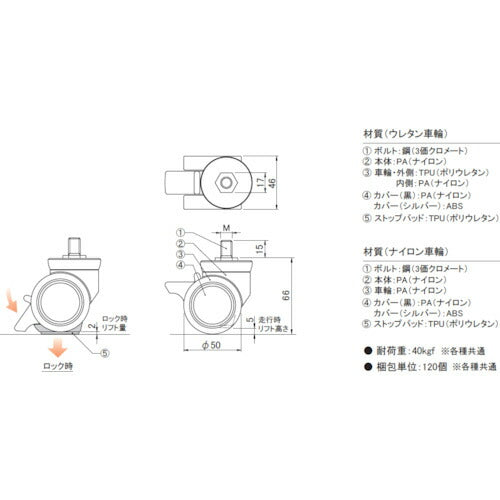プラパート　リフトロックキャスター　ナイロン車　φ５０　Ｍ１２　シルバー　ストッパー付　高さ調整可 K100-50-S12S