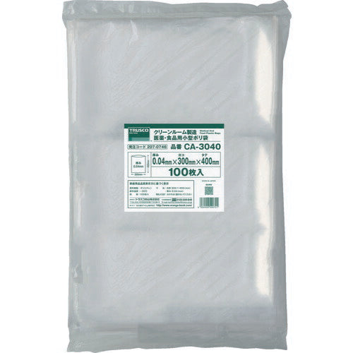 ＴＲＵＳＣＯ　クリーンルーム製造　医薬・食品用小型ポリ袋　縦４００Ｘ横３００ＸＴ０．０４　１００枚入　透明 CA-3040