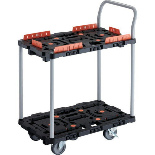 ＴＲＵＳＣＯ　連結式樹脂製２段台車　ビートル　７００Ｘ４５０　自在５輪　内２輪ストッパー付　コボレ止めセット　ハンドル付 BT724KJ5S2-E100