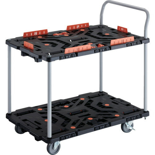 ＴＲＵＳＣＯ　連結式樹脂製２段台車　ビートル　９００Ｘ６００　自在５輪　内２輪ストッパー付　コボレ止めセット　とめたろう　ハンドル付 BT924KJ5S2-E100T