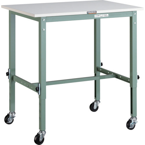 ＴＲＵＳＣＯ　軽荷重作業台高さ調節式（８０ｋｇ）ＡＥＭ型　９００Ｘ６００ＸＨ７１９～１０１９　φ７５キャスター付　グリーン色 AEM-0960C75