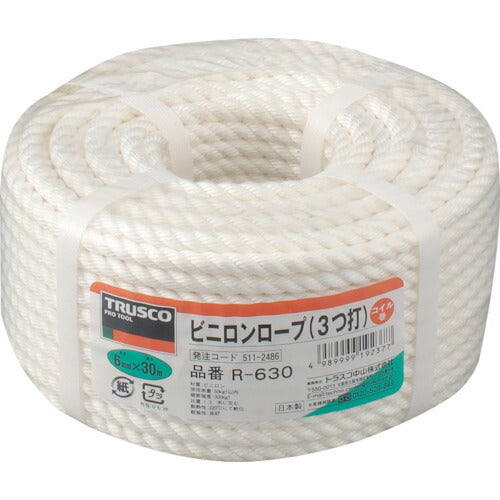 ＴＲＵＳＣＯ　ビニロンロープ　３つ打　線径６ｍｍＸ長さ３０ｍ R-630