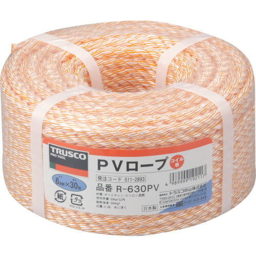 ＴＲＵＳＣＯ　ＰＶロープ　３つ打　線径６ｍｍＸ長さ３０ｍ R-630PV