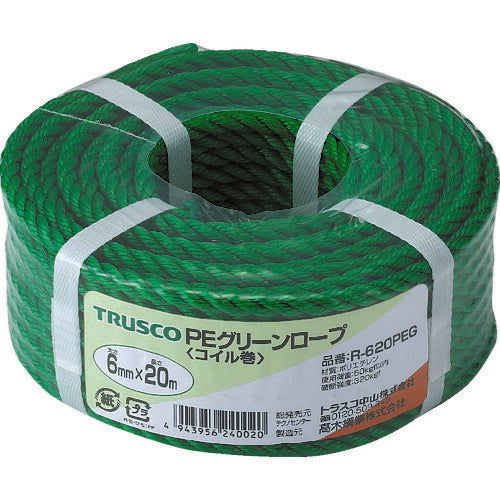ＴＲＵＳＣＯ　ＰＥグリーンロープ　３つ打　線径６ｍｍＸ長さ２０ｍ R-620PEG