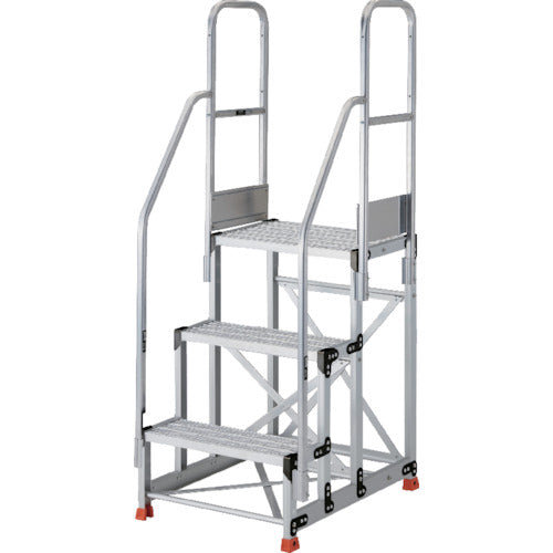 ＴＲＵＳＣＯ　アルミ製作業用踏台　グレーチングタイプ　３段　高さ０．７５ｍ　天板寸法６００×４００　段高２５０ｍｍ　階段両手すり付き TSFGR-3675-TR250