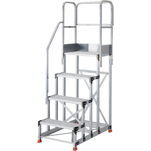 ＴＲＵＳＣＯ　アルミ製作業用踏台　グレーチングタイプ　４段　高さ１．０ｍ　天板寸法６００×４００　段高２５０ｍｍ　階段片手すり天場三方付き TSFGR-4610-TKS250