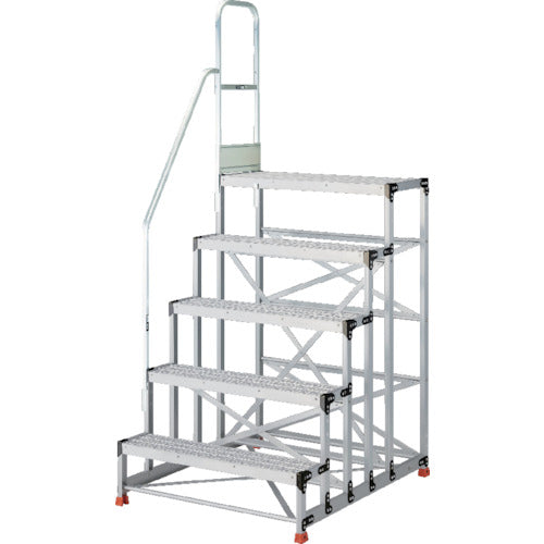 ＴＲＵＳＣＯ　アルミ製作業用踏台　グレーチングタイプ　５段　高さ１．５ｍ　天板寸法１０００×４００　段高３００ｍｍ　階段片手すり付き TSFGR-51015-TK300