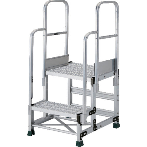 ＴＲＵＳＣＯ　アルミ製作業用踏台　グレーチングタイプ　２段　高さ０．７ｍ　天板寸法５００×４００　段高３５０ｍｍ　階段両手すり付き TSFGR-257-TR350