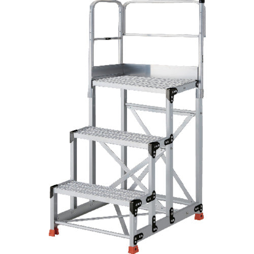 ＴＲＵＳＣＯ　アルミ製作業用踏台　グレーチングタイプ　３段　高さ０．７５ｍ　天板寸法６００×４００　段高２５０ｍｍ　天場二方手すり付き TSFGR-3675-TL250