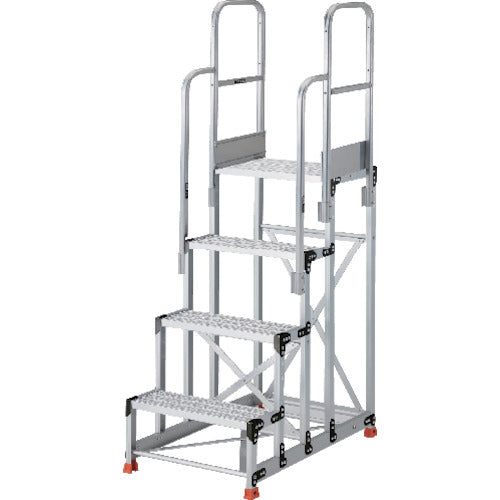 ＴＲＵＳＣＯ　アルミ製作業用踏台　グレーチングタイプ　４段　高さ１．０ｍ　天板寸法６００×４００　段高２５０ｍｍ　階段両手すり付き TSFGR-4610-TR250