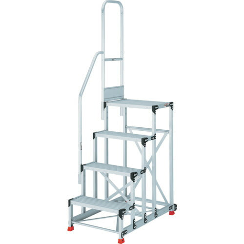 ＴＲＵＳＣＯ　アルミ製作業用踏台　グレーチングタイプ　４段　高さ１．２ｍ　天板寸法６００×４００　段高３００ｍｍ　階段片手すり付き TSFGR-4612-TK300