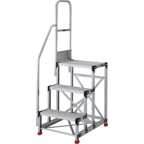 ＴＲＵＳＣＯ　アルミ製作業用踏台　３段　高さ０．９ｍ　天板寸法１０００×４００　段高３００ｍｍ　階段片手すり付き TSF-3109-TK300