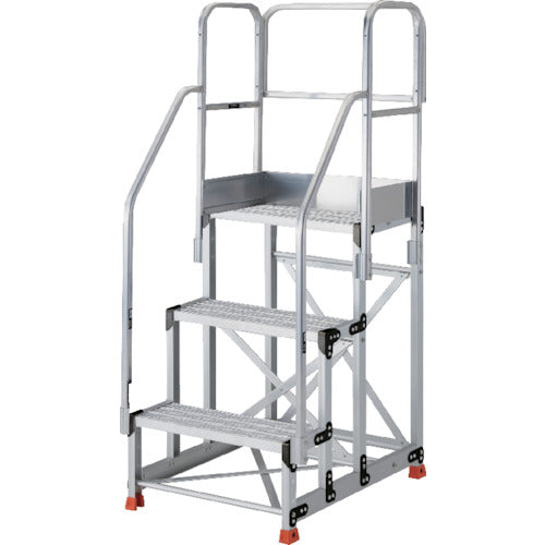 ＴＲＵＳＣＯ　アルミ製作業用踏台　グレーチングタイプ　３段　高さ０．９ｍ　天板寸法６００×４００　段高３００ｍｍ　フルセット手すり付き TSFGR-369-TF300