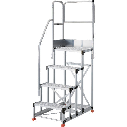 ＴＲＵＳＣＯ　アルミ製作業用踏台　グレーチングタイプ　４段　高さ１．２ｍ　天板寸法６００×４００　段高３００ｍｍ　階段片手すり天場二方付き TSFGR-4612-TKL300